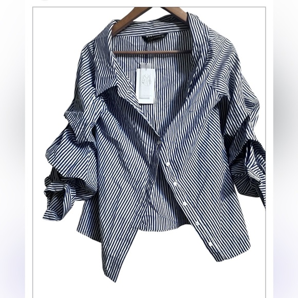 Zara Women Striped Button-Up Blouse Sz M Ruffed Sleeves - Picture 4 of 6